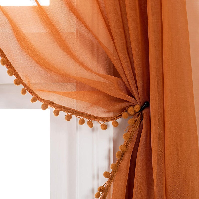 MISS SELECTEX Linen Look Pom Pom Tasseled Sheer Curtains - Rod Pocket Voile Semi-Sheer Curtains for Living and Bedroom, Set of 2 Curtain Panels (52 x 95 inch, Pumpkin Yellow) - Image 1